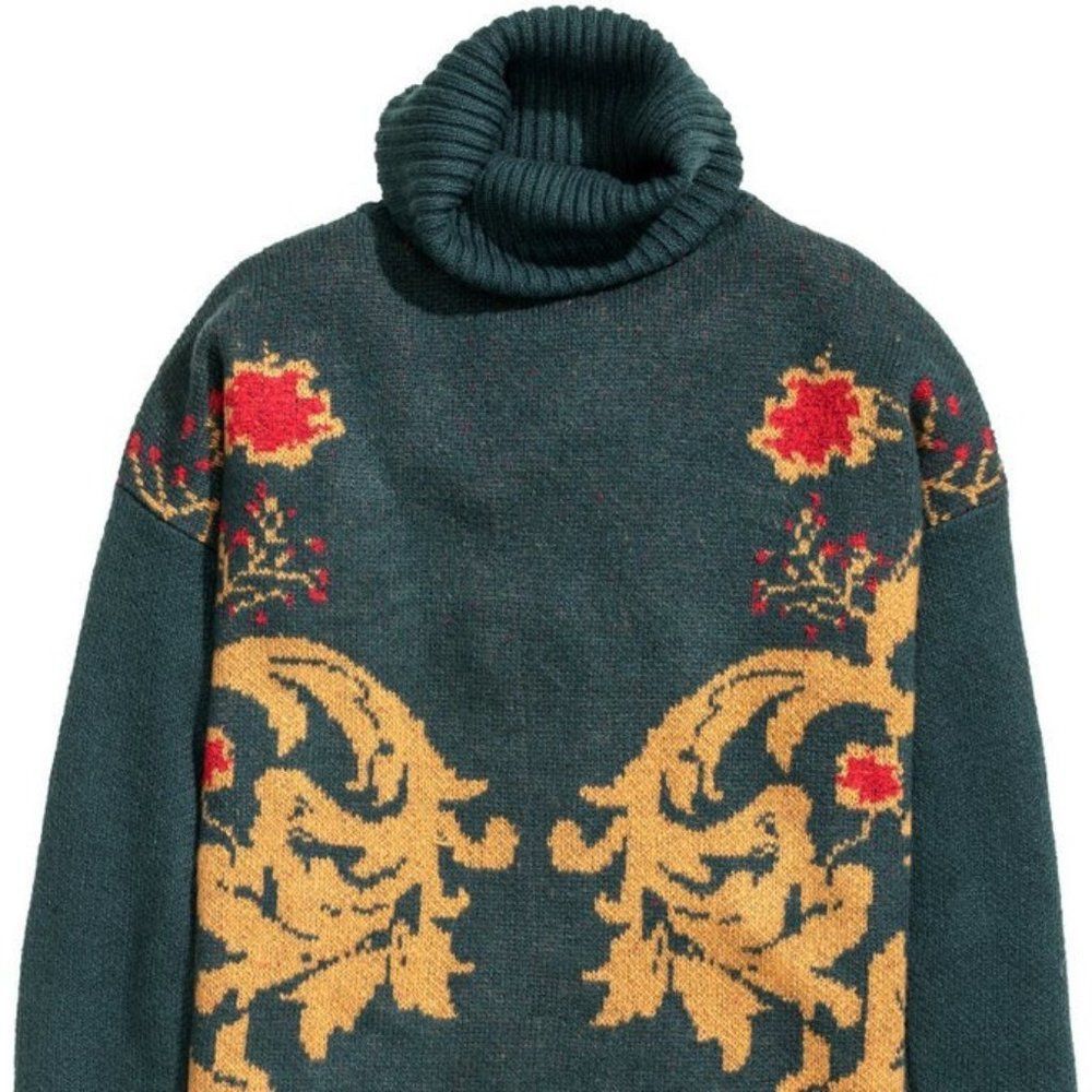 H&M | EUC Oversize Jacquard Sweater / Tunic Dress Floral Knit Turtleneck Size M